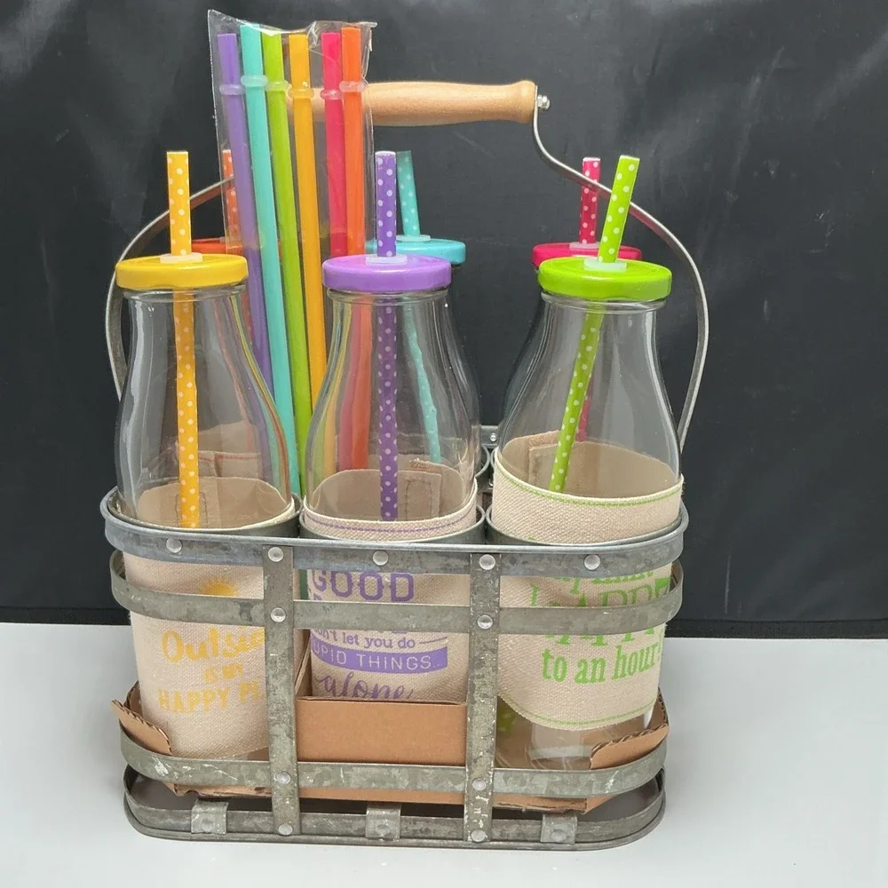 6 Summer drink Glass Milk Bottles‎ Jugs Metal Caddy & 12 Reusable Straws